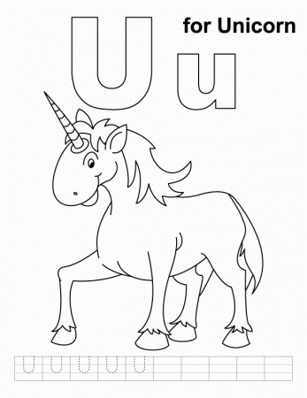 U for unicorn coloring page with handwriting practice | Download 