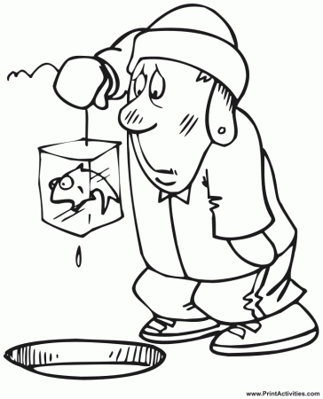 Ice fishing coloring page of fisherman who caught a frozen fish 