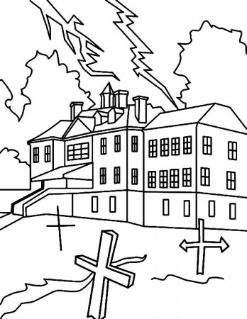 Haunted House With Cemetery Coloring Pages : Coloring Sun