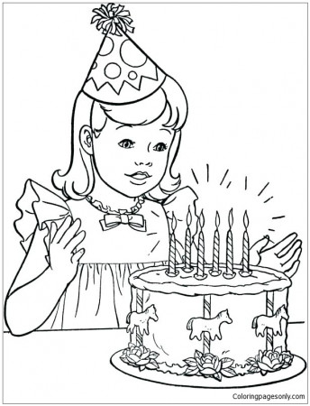 A Little Girl With Her Birthday Cake Coloring Page - Free Coloring Pages  Online