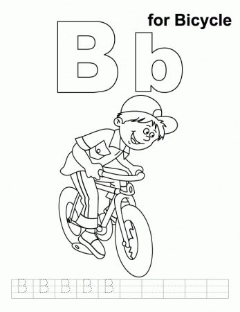 B for bicycle coloring page with handwriting practice | Download 