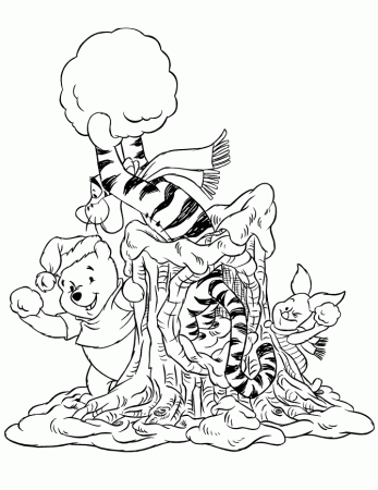 Winnie The Pooh And Friends Playing With Snow Coloring Page | HM 