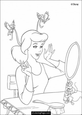 Princess Cinderella Brushing Hair with Animals Coloring Page 