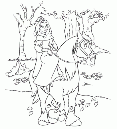 Belle on Her Horse Coloring Page | Kids Coloring Page