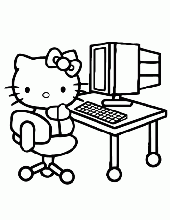 Hello Kitty In Front Of Computer Coloring Page | Free Printable 