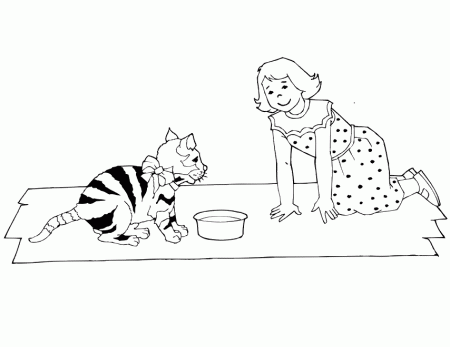 Cat Coloring Page | A Girl Watching A Cat By It's Food Dish