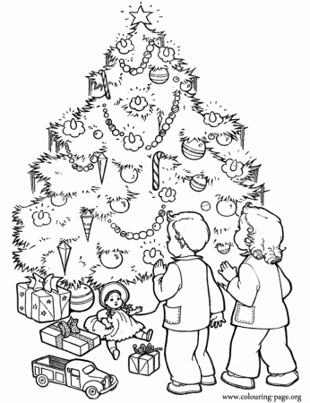 Christmas - Christmas tree surrounded by gifts coloring page