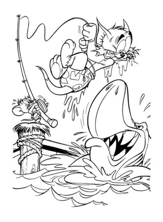 Jerry Scare Tom On Big Shark Coloring Page - Tom and Jerry 