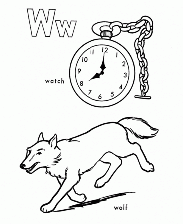 ABC Alphabet Coloring Sheets - W is for Watch / Wolf | HonkingDonkey