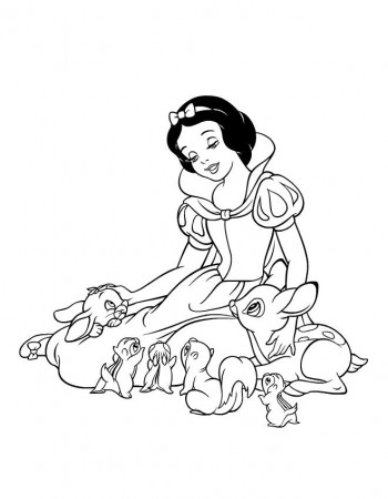 Princess Snow White With Bambi And Squirrel Friends Coloring 