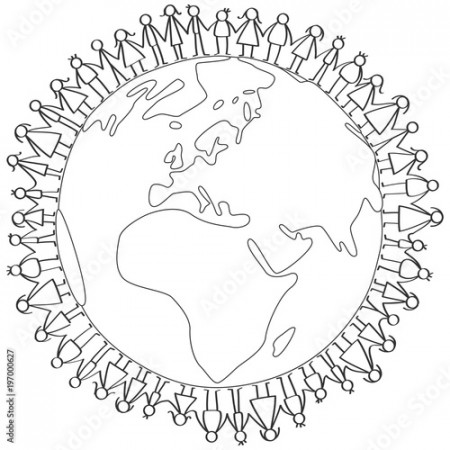 Vector illustration of stick figures children standing around earth globe  holding hands coloring page isolated on white background Stock Vector |  Adobe Stock