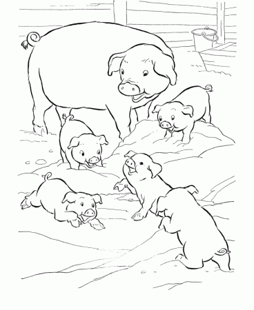 Farm Animal Coloring Pages | Pigs play in the mud Coloring Page ...