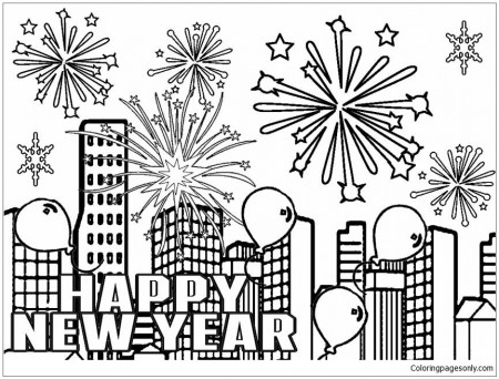 Fireworks and balloons in the city into the new year Coloring Pages - Happy  New Year Coloring Pages - Coloring Pages For Kids And Adults
