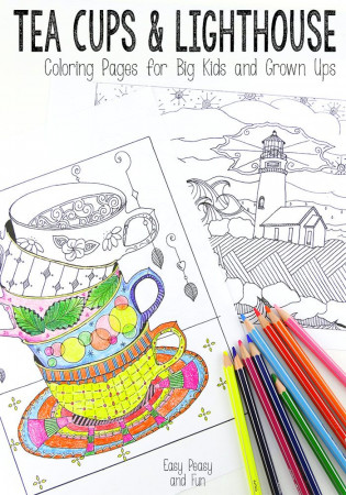 Tea Cups and Lighthouse Coloring Pages - Easy Peasy and Fun
