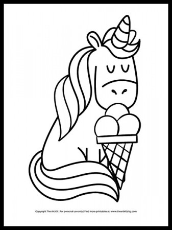 CUTE Unicorn with Ice Cream Cone Coloring Page - The Art Kit
