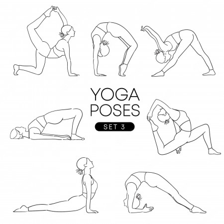 Premium Vector | Black hand drawn of a girl in many different yoga poses  isolated on white.
