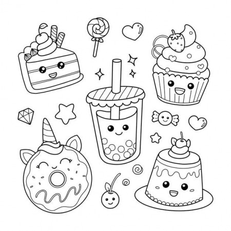 Premium Vector | Set of cute sweet food dessert icons in kawaii style coloring  page | Doodles bonitos, Doodle art, Doodles kawaii