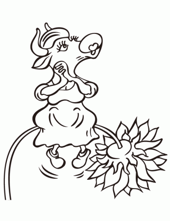 Cow Sitting On Flower Coloring Page | HM Coloring Pages