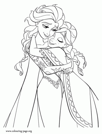 Frozen - Elsa and Anna hugging each other coloring page