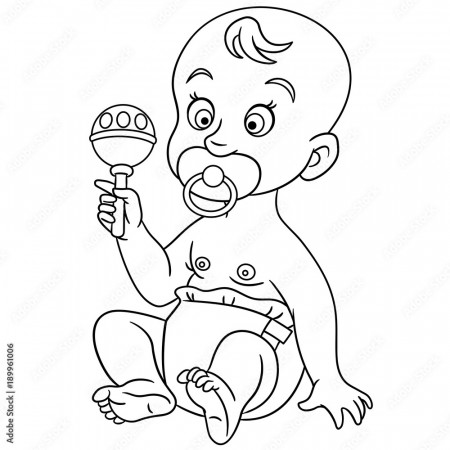 Coloring page. Toddler character. Cartoon baby boy or girl in a diaper with  pacifier playing toys. Design for kids coloring book. Stock Vector | Adobe  Stock