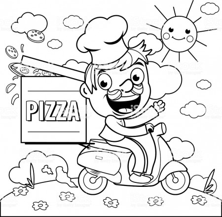 Pizza Delivery Chef In Scooter Coloring Page Stock ...
