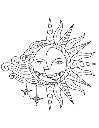 Printable Victorian Sun Moon and Stars Coloring Page