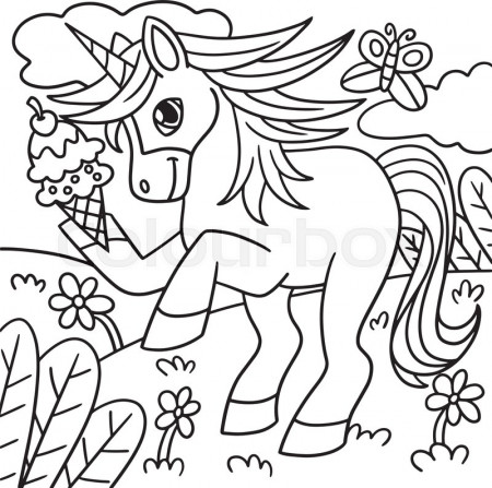 Unicorn With Ice Cream In The Hand Coloring Page | Stock vector | Colourbox