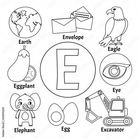Vector cute kids animal alphabet. Letter E. Set of cute cartoon  illustrations. Coloring page. Stock Vector | Adobe Stock
