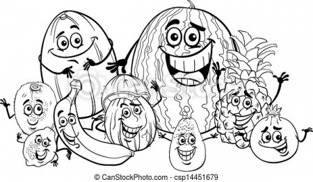 Tropical fruits cartoon for coloring book. Black and white cartoon  illustration of funny tropical fruits food characters | CanStock