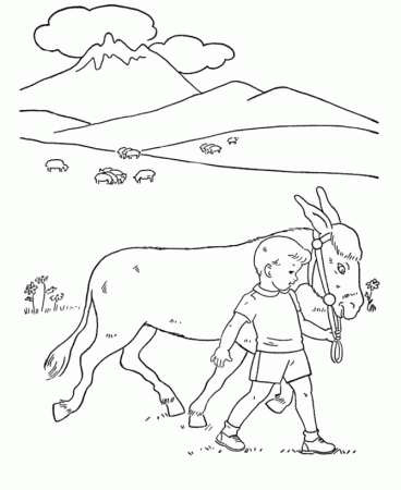 Farm Animal Coloring Pages | Printable Donkey in pasture Coloring 