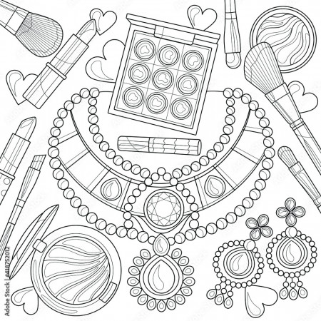 Layout with necklaces, earrings and makeup.Coloring book antistress for  children and adults. Illustration isolated on white background.Zen-tangle  style. Hand draw Stock Vector | Adobe Stock