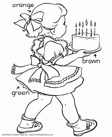 Birthday Coloring Pages | Girl with Birthday cake Coloring activity Pages  for Pre-K and Primary Kids | HonkingDonkey