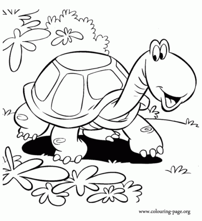 Turtles - Happy turtle walking near of the bushes coloring page