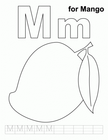 M for mango coloring page with handwriting practice | Download 