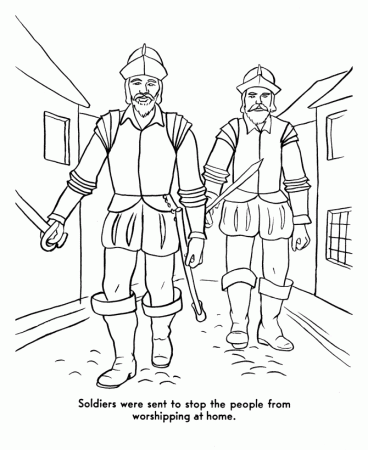 Pilgrims First Thanksgiving Coloring Page - Soldiers come to 