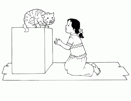 Cat Coloring Page | A Girl With A Cat On A Box
