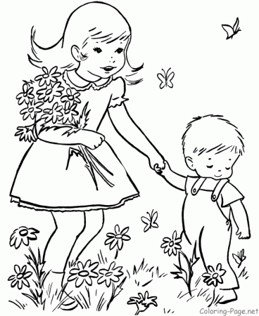 Spring Coloring Book Pages - Picking flowers
